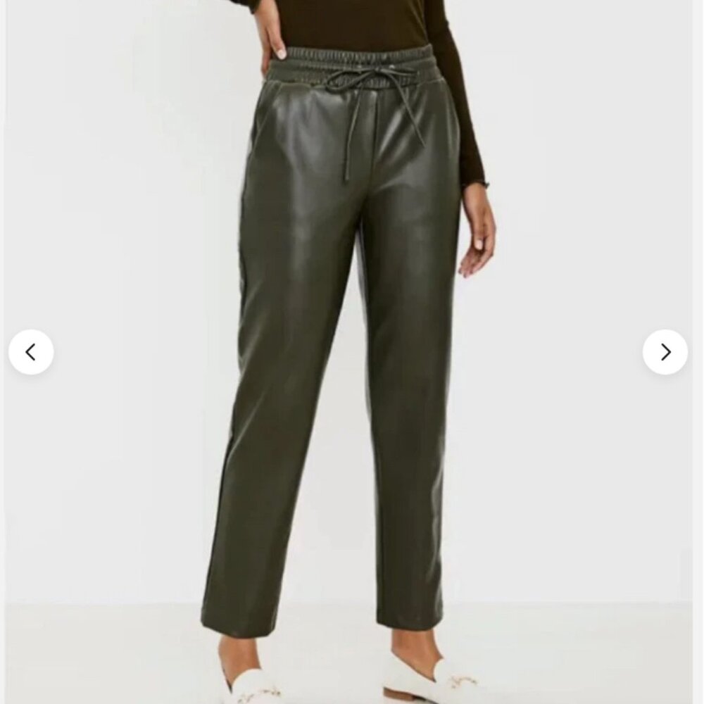 LOFT Pull on Drawstring Slim Pants in Green Faux Leather Size XL